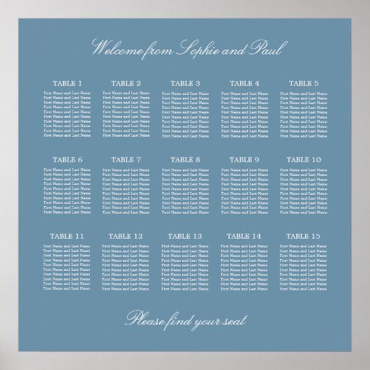 Dusty Blue 15 Table Wedding Seating Chart Poster (Vorne)