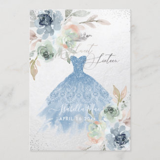 Dusty Blue 16 . Geburtstag Dress Watercolor Blume Einladung