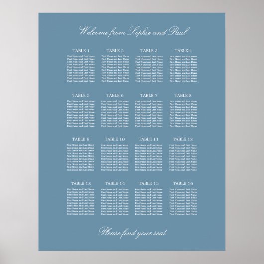 Dusty Blue 16 Table Wedding Seating Chart Poster (Vorne)