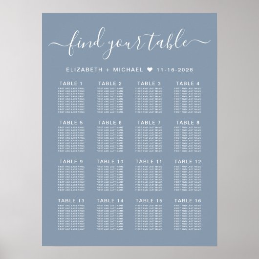 Dusty Blue 16 Table Wedding Seating Chart Poster (Vorne)