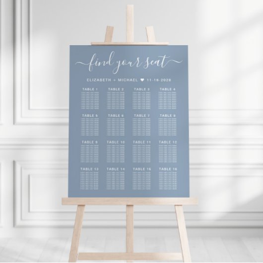 Dusty Blue 16 Table Wedding Seating Chart Poster