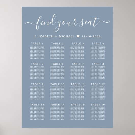 Dusty Blue 16 Table Wedding Seating Chart Poster (Vorne)