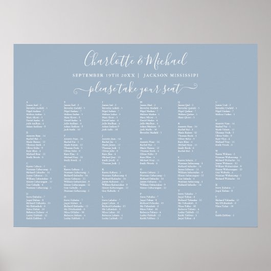 Dusty Blue 200 Names Wedding Seating Chart Poster (Vorne)