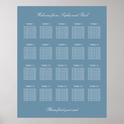 Dusty Blue 20 Table Wedding Seating Chart Poster (Vorne)