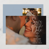 Dusty Blue 2 Foto Elegante Script Wedding Save The Date (Vorne/Hinten)