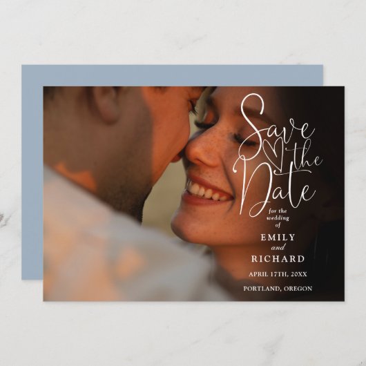 Dusty Blue 2 Foto Elegante Script Wedding Save The Date (Vorne/Hinten)