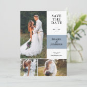 Dusty Blue 3-Foto Gallery Wedding Save the Date (Stehend Vorderseite)