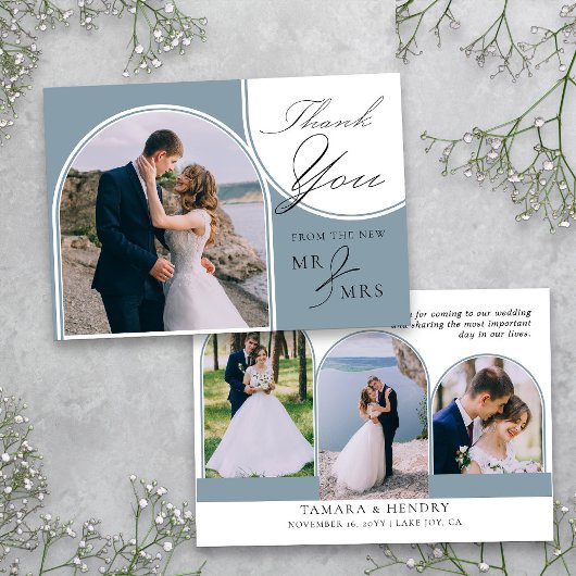 Dusty Blue 4 Arched Foto Wedding Calligraphy Dankeskarte