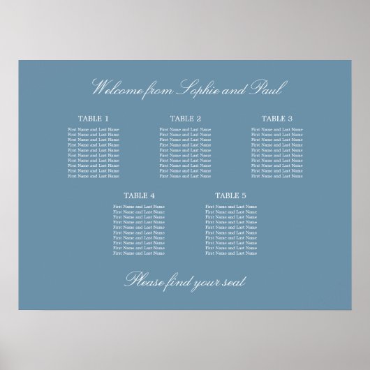 Dusty Blue 5 Table Wedding Chart Poster (Vorne)