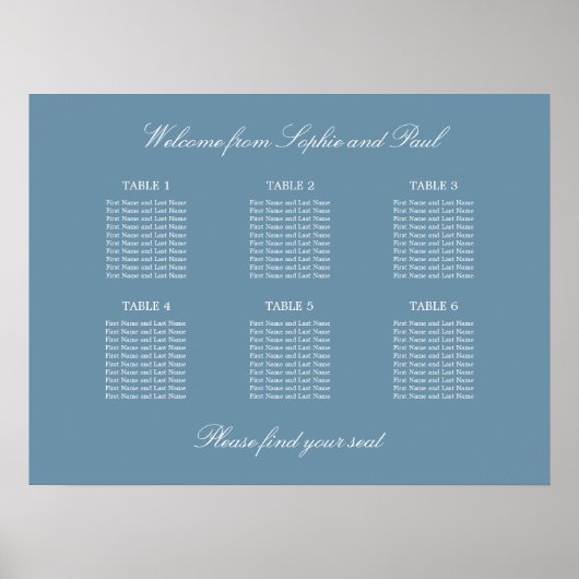 Dusty Blue 6 Table Wedding Chart Poster (Vorne)
