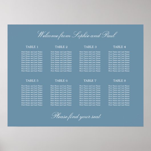 Dusty Blue 8 Table Wedding Chart Poster (Vorne)