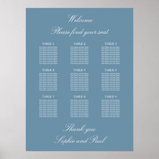 Dusty Blue 9 Table Wedding Chart Poster (Vorne)