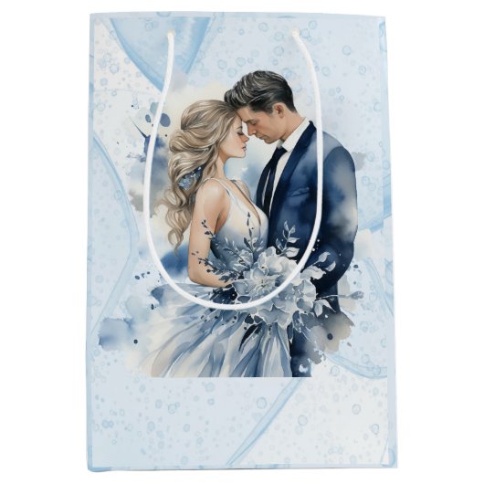 Dusty Blue Alcohol Ink Floral Wedding Mittlere Geschenktüte (Vorderseite)