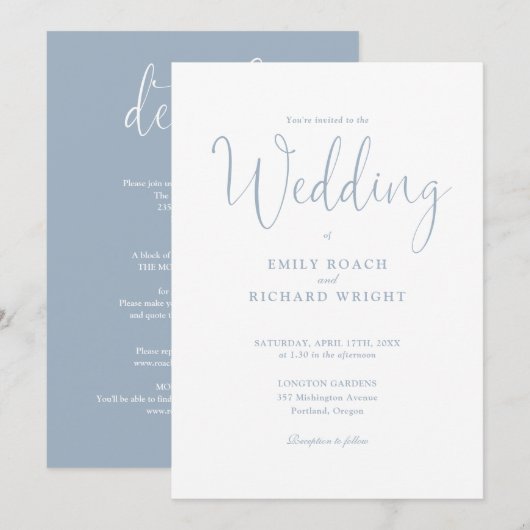Dusty Blue All in one elegante Script Wedding Einladung (Vorne/Hinten)