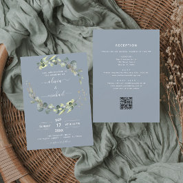Dusty Blue All in One Eukalyptus QR Code Wedding Einladung
