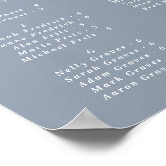 Dusty Blue Alphabetical Wedding Seating Chart Poster (Ecke)