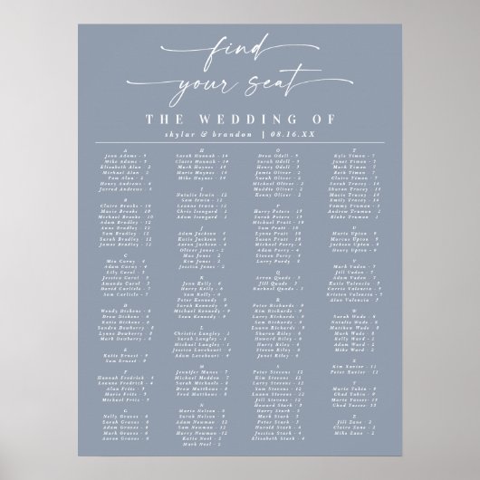 Dusty Blue Alphabetical Wedding Seating Chart Poster (Vorne)