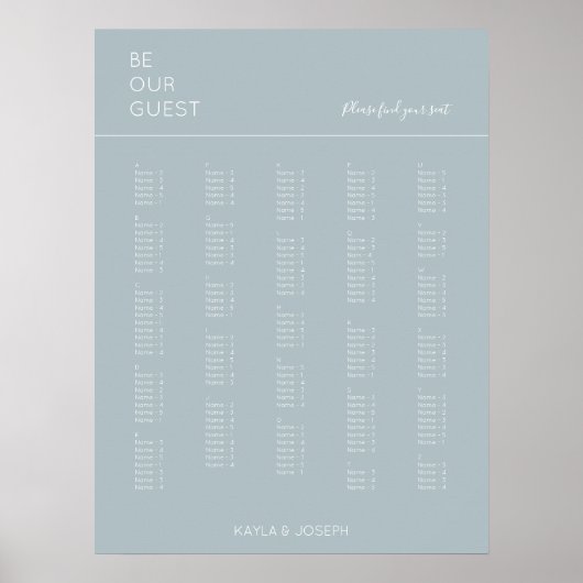 Dusty Blue Alphabetical Wedding Seating Chart Poster (Vorne)