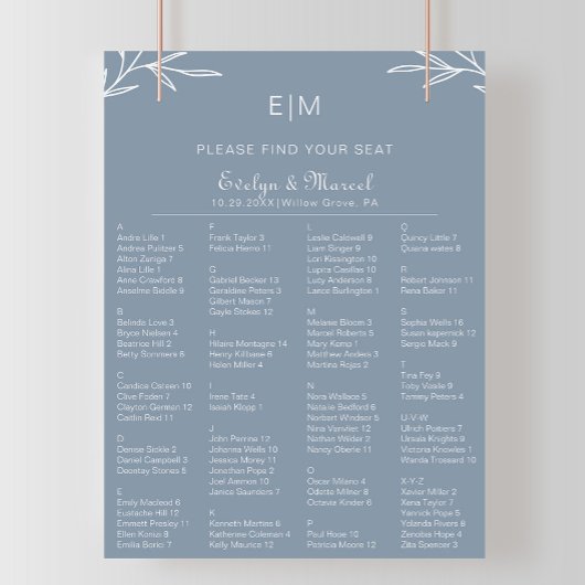 Dusty Blue Alphabetical Wedding Seating Chart Poster