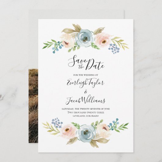Dusty Blue and Blush Foto Wedding Save the Date (Vorne/Hinten)