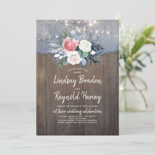 Dusty Blue and Blush Rustic Country Wedding Einladung (Stehend Vorderseite)