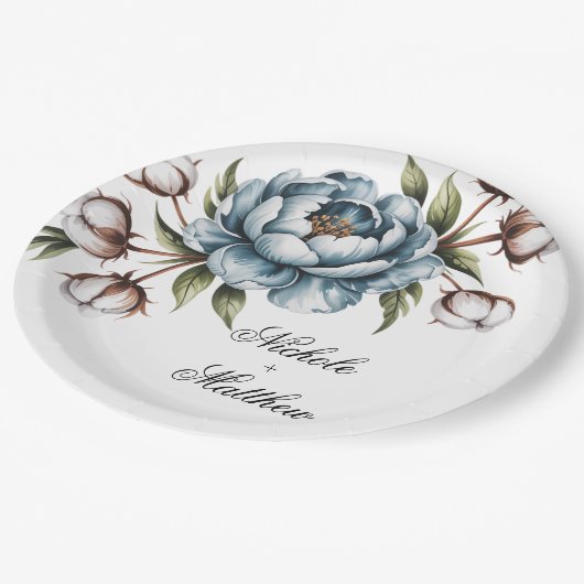 Dusty Blue and Cotton Wedding Pappteller (Schrägansicht)