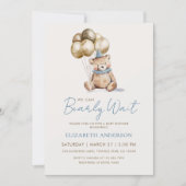 Dusty Blue and Gold Bearly Wait Bear Baby Shower Einladung (Vorderseite)