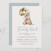 Dusty Blue and Gold Bearly Wait Bear Baby Shower Einladung (Vorne/Hinten)