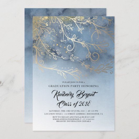 Dusty Blue and Gold Elegant Graduation Party Einladung (Vorne/Hinten)