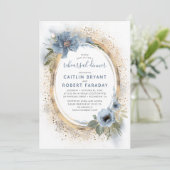 Dusty Blue and Gold Floral Chic Probe Dinner Einladung (Stehend Vorderseite)