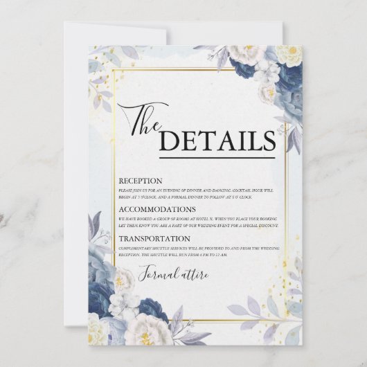 Dusty Blue and Gold Floral Wedding Details Card Einladung (Vorderseite)