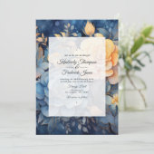 Dusty Blue and Gold Floral Wedding Einladung (Stehend Vorderseite)