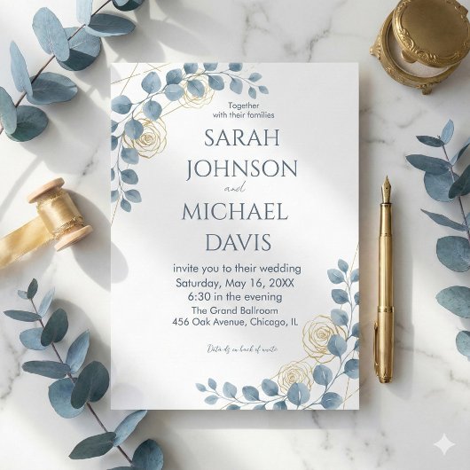 Dusty Blue and Gold Floral wedding Einladung