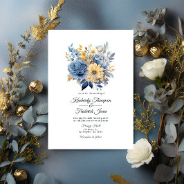 Dusty Blue and Gold Floral Wedding Einladung