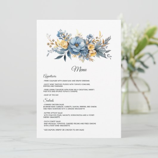 Dusty Blue and Gold Floral Wedding Menükarte (Stehend Vorderseite)