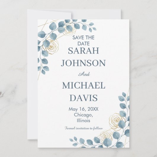 Dusty Blue And Gold Floral Wedding Save The Date (Vorderseite)