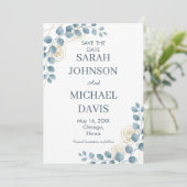 Dusty Blue And Gold Floral Wedding Save The Date (Stehend Vorderseite)