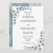 Dusty Blue And Gold Floral Wedding Save The Date (Vorne/Hinten)