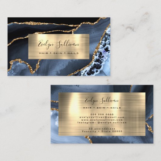 Dusty Blue and Gold Foil Agate Business Card Visitenkarte (Vorne/Hinten)