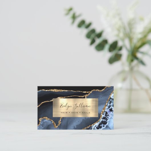 Dusty Blue and Gold Foil Agate Business Card Visitenkarte (Stehend Vorderseite)