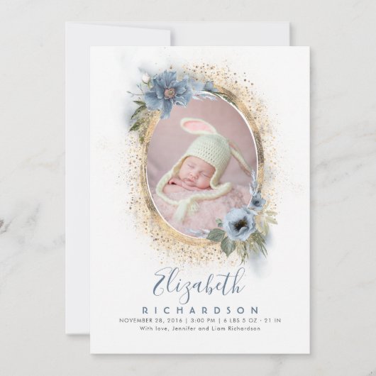 Dusty Blue and Gold Foto Baby Birth Ankündigung (Vorderseite)