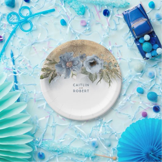 Dusty Blue and Gold Glitzer Elegante Moderne Pappteller (Party)