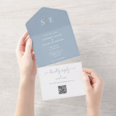 Dusty Blue and Gold Monogram QR Code Wedding All In One Einladung (Abreißen)