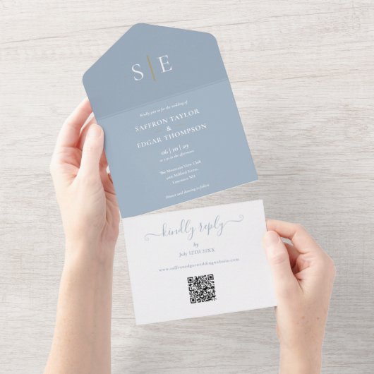 Dusty Blue and Gold Monogram QR Code Wedding All In One Einladung (Abreißen)