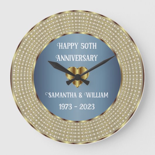 Dusty Blue and Gold Wedding Anniversary Geometric Große Wanduhr (Vorderseite)