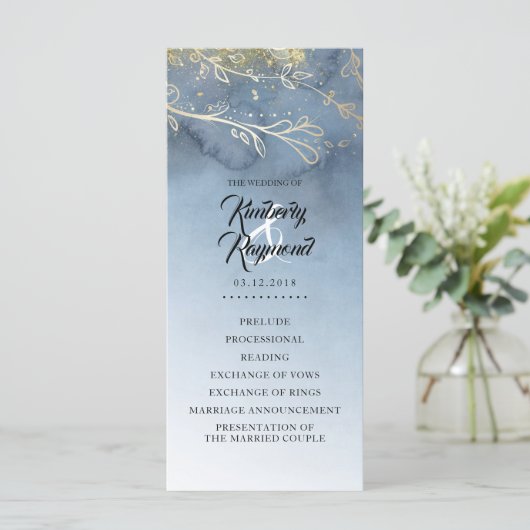Dusty Blue and Gold Wedding Programme (Stehend Vorderseite)