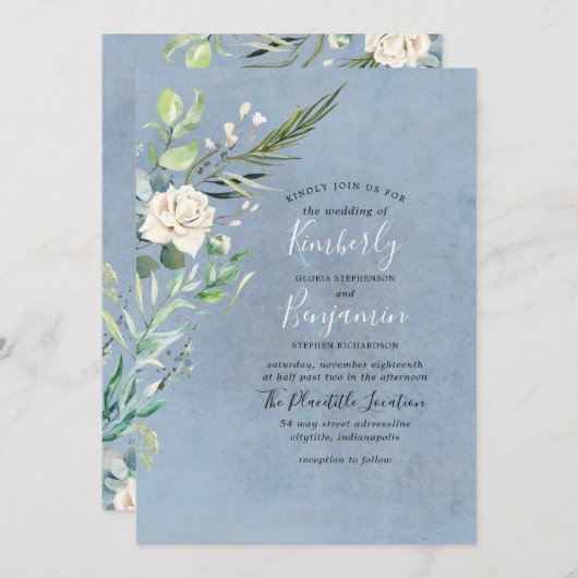 Dusty Blue and Greenery Moderne Hochzeit Einladung (Vorne/Hinten)