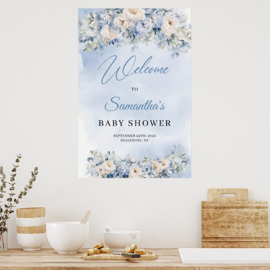 Dusty Blue and Ivory Blume Baby Dusche Empfang Poster (Küche)