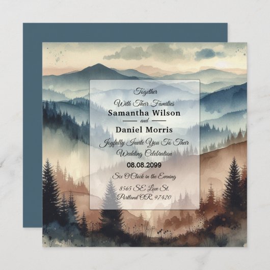 Dusty Blue and Mocha Brown Mountains Wedding Einladung (Vorne/Hinten)