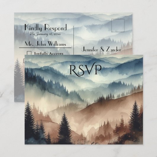 Dusty Blue and Mocha Brown Mountains Wedding RSVP Einladungspostkarte (Vorne/Hinten)